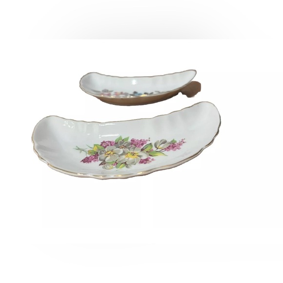 Vintage Bone Dish Crescent Moon Set 2 Chadwick Japan MCM Floral Gold Rim Witchy - Picture 8 of 13